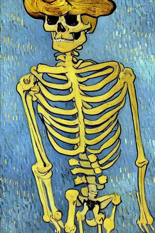 Image similar to 4k detailed painting by Van Gogh of a skeleton sailor (skeleton dressed like 19th century sailor in heavy wool coat, loose tie, shirt, and crooked crumpled hat, smoking cigarette), white and blue skeleton on a yellow background