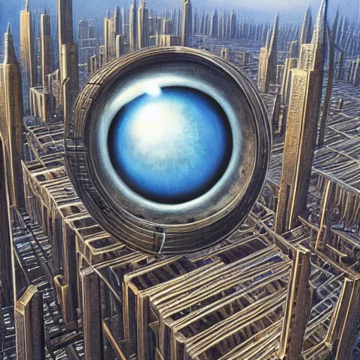 Prompt: a giant eyeball hovers above a futuristic city by Peter Gric,