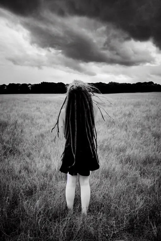 Prompt: kodak ultramax 4 0 0 photograph of a girl with long white dreads standing in a field, stormy clouds, wicked clouds, big clouds, back view, grain, faded effect, vintage aesthetic,