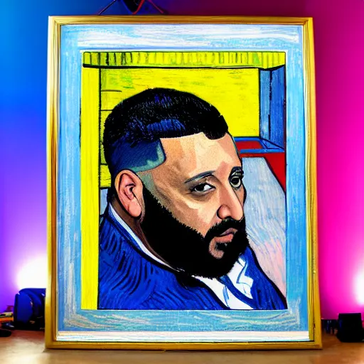 Image similar to ultra realistic portrait of dj khaled in a studio, ultra detailed, under blue, red and yellow cinematic lighting, by van gogh, cartoon