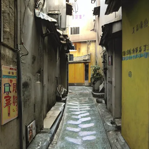Prompt: an alley in hong kong, art by moebius