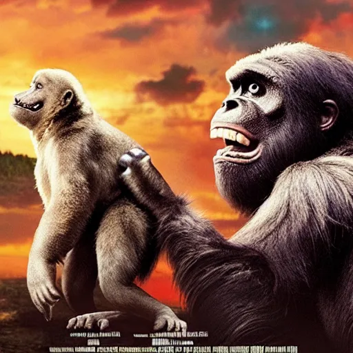 Prompt: movie poster of king kong petting a dog, high quality, high detail