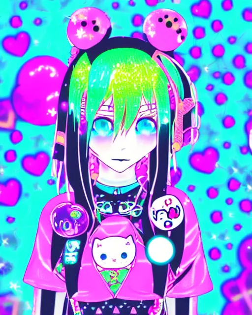 Image similar to cybergoth decora glitchcore yokai girl, sanrio tamagotchi moe ornaments, pastel cute cinematography