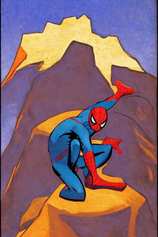 Image similar to spiderman stay on mountain, marvel, artwork by nicholas roerich,