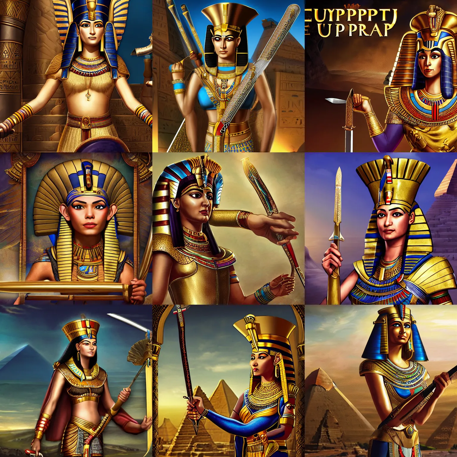 Prompt: Egyptian Pharaoh Cleopatra, holding a sword, loading screen artwork for the game 'Europa Universalis IV'