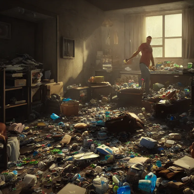 Image similar to a cinematic shot of a hoarder in a room filled with garbage, claustrophobic, octane render, volumetric lighting, nvidia raytracing demo, by Andy Thomas, Mario Martinez, Daniel Mirante, Gustave Dore, Artstation, CGsociety, masterpiece