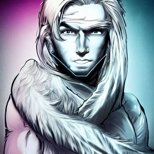 Image similar to man portrait made out of ice, beautiful, cyborg, comic book art, blond hair, neon, highly detailed