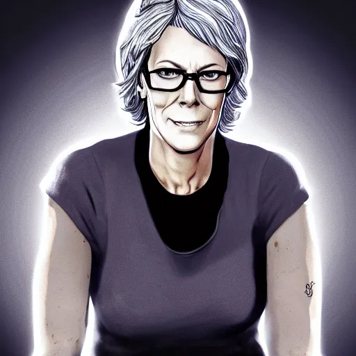 Image similar to jamie lee curtis portrait, borderlands, tales from the borderlands, the wolf among us, comic, cinematic lighting, studio quality, 8 k