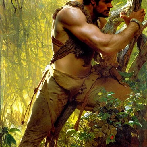 Image similar to attractive henry cavill as withcer and attractive joey batey as jaskier hauting wild creature in the wood highly detailed painting by gaston bussiere, craig mullins, j. c. leyendecker, alphonse mucha 8 k