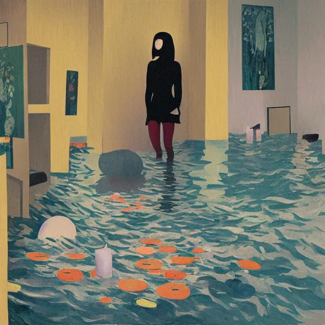 Prompt: tall female artist holding art supplies in her flooded apartment, pomegranates, octopus, water gushing from ceiling, painting of flood waters inside an artist's apartment, a river flooding indoors, candles, ikebana, zen, rapids, waterfall, black swans, canoe, berries, acrylic on canvas, surrealist, by magritte and monet