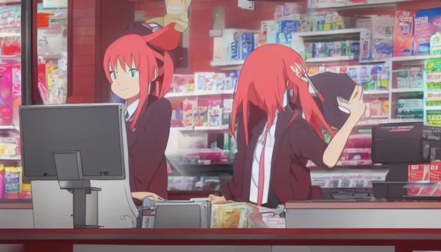 Prompt: Zero Two working the cash register at a rundown 7-Eleven by Ufotable