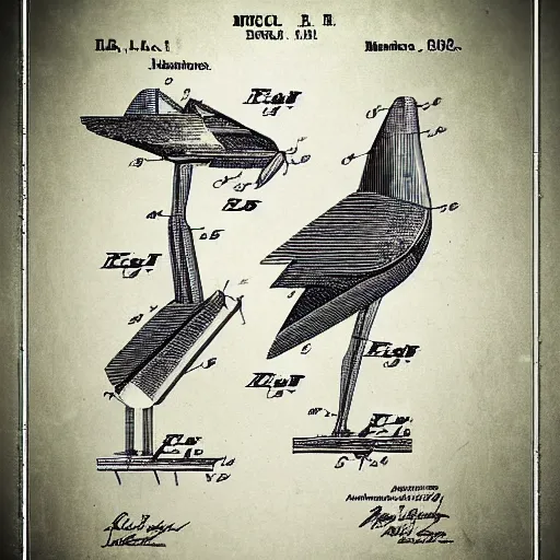 Image similar to a patent drawing of mechanical bird robots, birds of all kinds, infographic, intricate drawing, 1960s advertising, watercolour, ink drawing, patent drawing, wireframe, technical and mechanical details, descriptions, explosion drawing, CAD