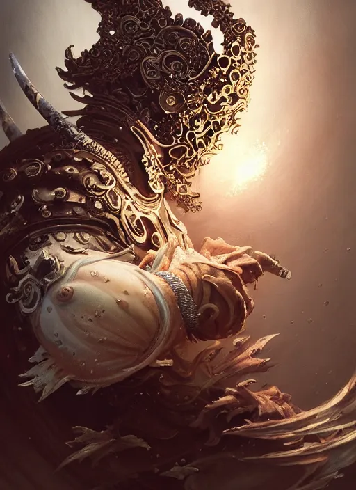 Image similar to subsurface scattering, white, koi, samurai deity with filigree armor, rim light, by jesper ejsing, justin gerard, tomasz alen kopera, cgsociety and fenghua zhong, highly detailed, cinematic lighting, illustration, art, octane render, very coherent, cinematic, hyper realism, high detail, octane render, 8 k