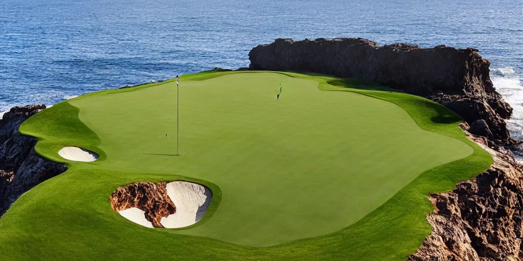 Image similar to a great photograph of the most amazing golf hole in the world complete surrounded by water, huge waves crash against the cliffs, perfect light, ambient light, 5 0 mm, golf digest, top 1 0 0, fog