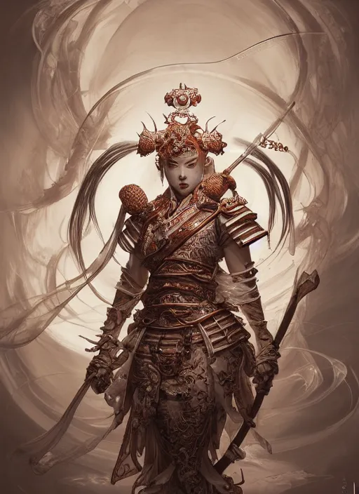 Image similar to subsurface scattering, white, koi, female samurai deity with filigree ivory armor, by jesper ejsing, james jean, justin gerard, tomasz alen kopera, cgsociety and fenghua zhong, highly detailed, rim light, cinematic lighting, illustration, art, octane render, very coherent, cinematic, hyper realism, high detail, 8 k