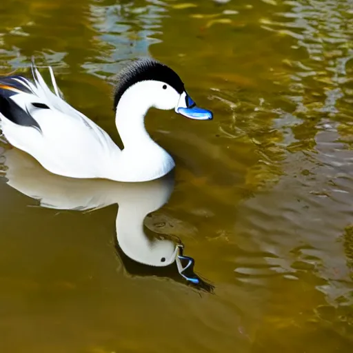 Image similar to a white crested duck in a pond at a part, realistic