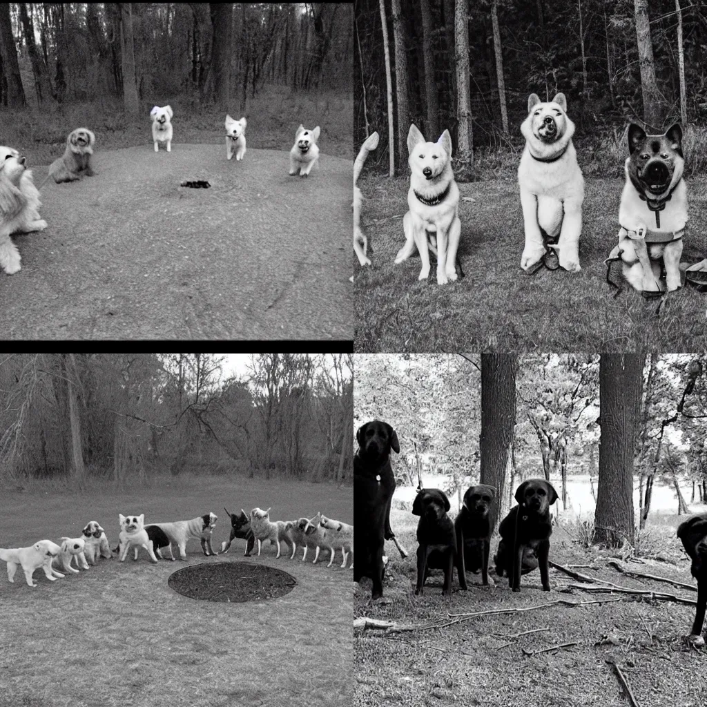 Prompt: trailcam footage of a group of dogs wearing robes standing on their hind legs in a circle around a fire. black and white, grainy, evil, unsettling