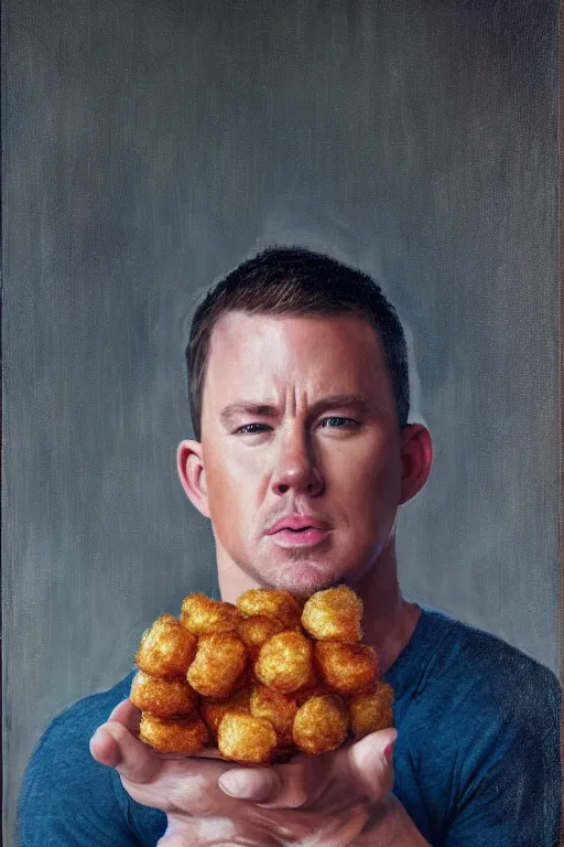 Image similar to channing tatum in a tater tot costume, oil on canvas, intricate, portrait, 8 k highly professionally detailed, hdr, cgsociety