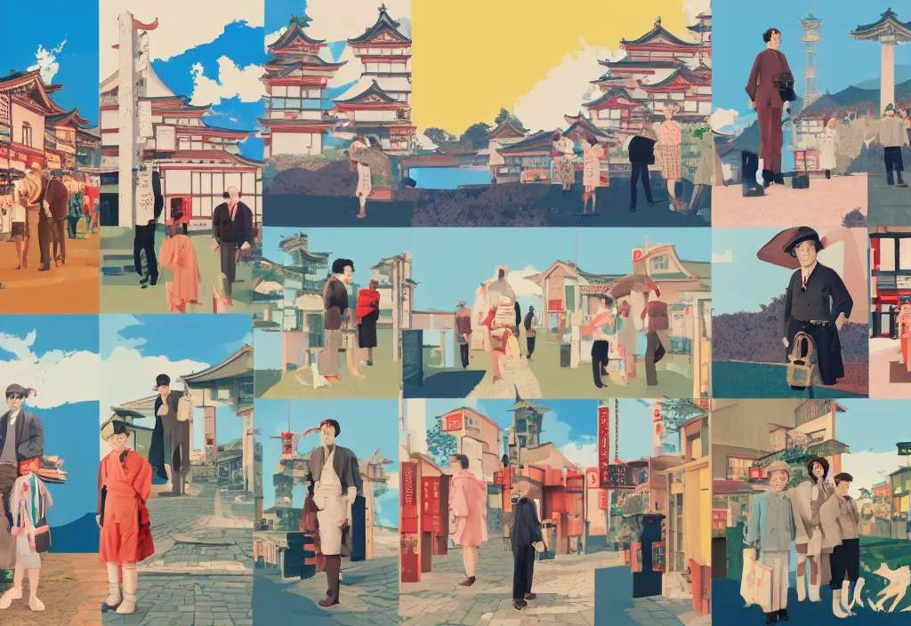 Image similar to a row of several european sightseeing tourists standing with a variety of poses and props, rural japan, character designs, a collage painting, in the style of wes anderson, lola dupre, david hockney, isolated on negative white space background dark monochrome neon spraypaint accents volumetric octane render
