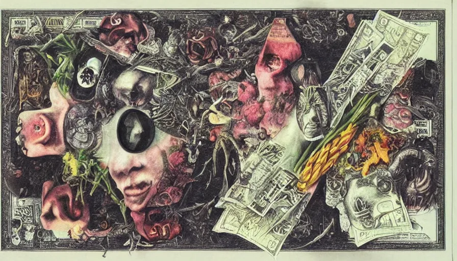 Image similar to post - punk new age album cover, asymmetrical design, dollar bank notes, capitalism, magic, apocalypse, psychedelic, black white pink, magic, giger h. r., giuseppe arcimboldo