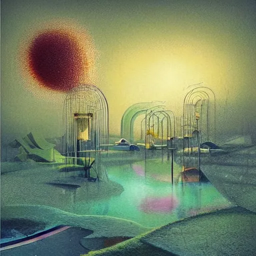 Image similar to colourful beautiful scene. digital artwork by vincent bons, michael whelan, beeple, remedios varo and gerardo dottori. grainy and rough. interesting pastel colour palette. beautiful light. oil and water colour based on high quality render. retro.