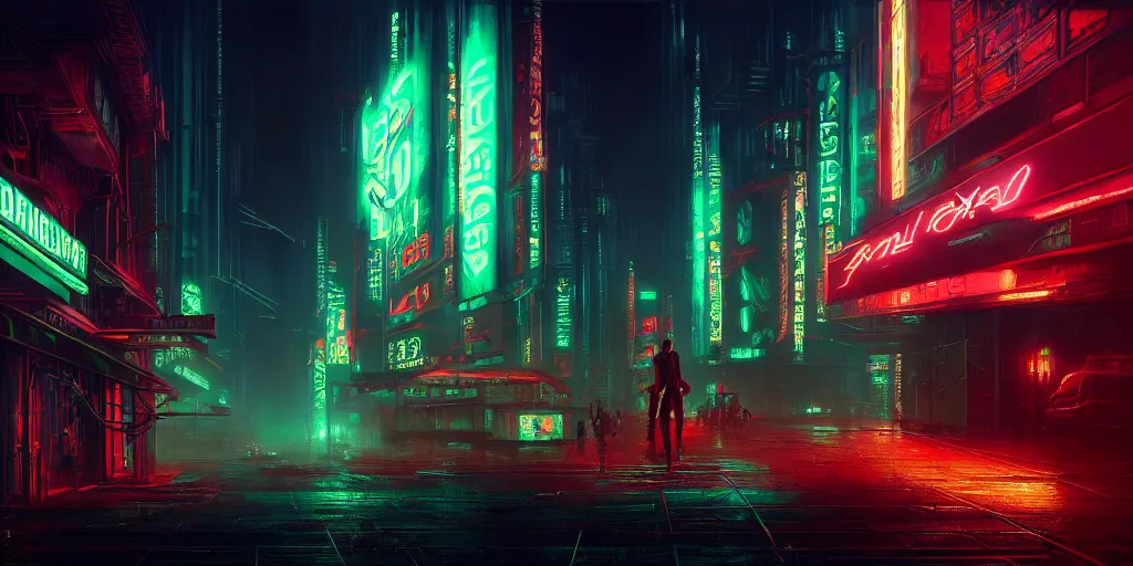 Image similar to concept art, octane render, a brooding, dystopian city, reflections, volumetric neon lighting, dramatic, emerald red neon glow, 8 k, ultra - hd, insanely detailed and intricate, hypermaximalist, elegant, ornate, by gerald brom, by syd mead, akihiko yoshida, doug chiang, cinematic