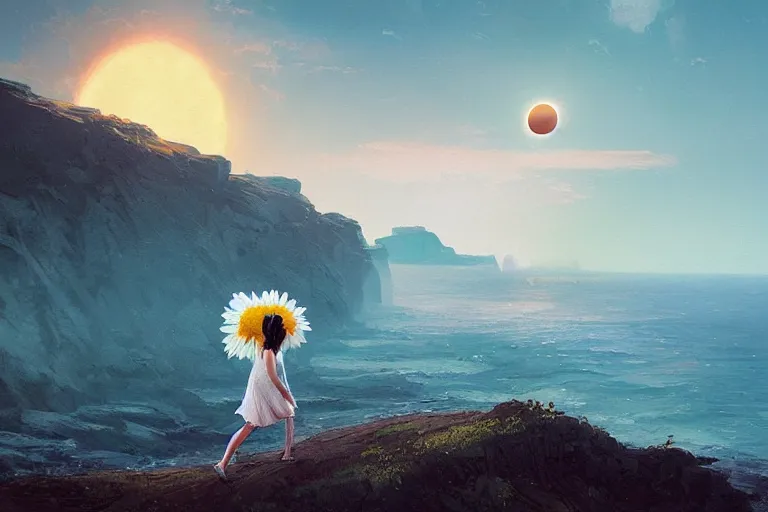 Prompt: giant white daisy flower on head, girl walking on cliff, surreal photography, solar eclipse, milky way, dramatic light, impressionist painting, clouds, digital painting, artstation, james gilleard, liam wong, jeremy mann, simon stalenhag