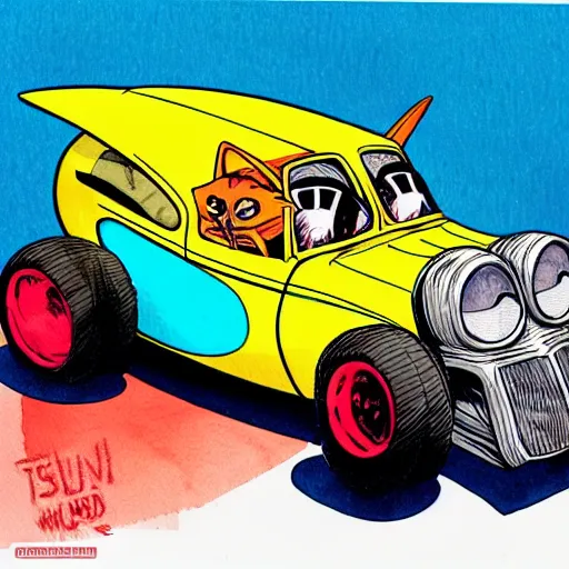 Image similar to funny, comic book style, racoon riding in a tiny hot rod coupe with oversized engine, ratfink style by ed roth, centered award winning watercolor pen illustration, by chihiro iwasaki, edited by range murata