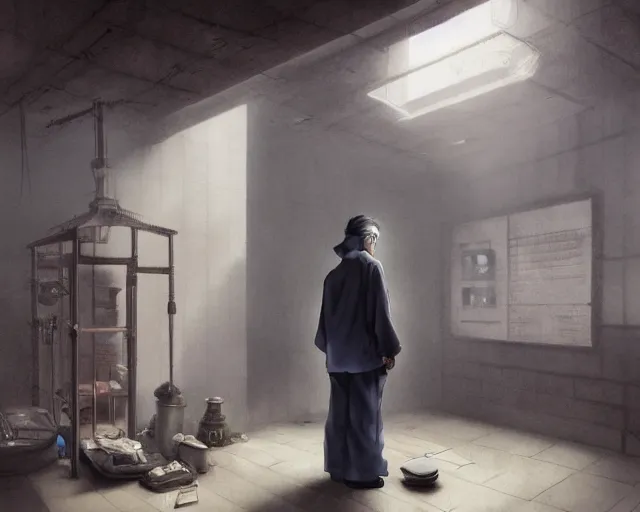 Image similar to a 50 year old brunnete chinese man standing in a morgue funereal next to the grim reaper, horror scene, dramatic, anime art, Greg Rutkowski, studio ghibli, dramatic lighting