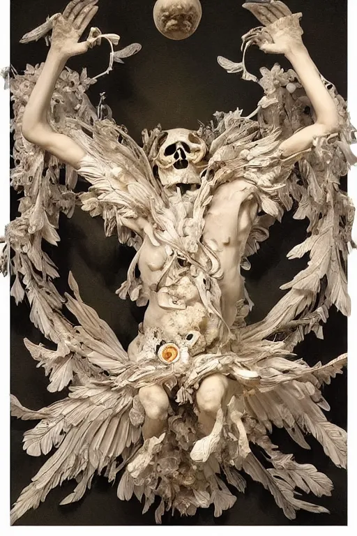 Image similar to A flying icarus reaching for the sun with a skull mask and wings as a corrupted and glitched Greek sculpture, glowing quartz crystal skull, wreath of ferns, abstract milky quartz eyes, many large flying monster eyes, flowing sakura silk, fabric, flowers. baroque elements, human skull. full-length view. baroque element. intricate artwork by caravaggio. many many birds birds on background. Trending on artstation. halo. octane render, cinematic, hyper realism, octane render, 8k, depth of field, 3D