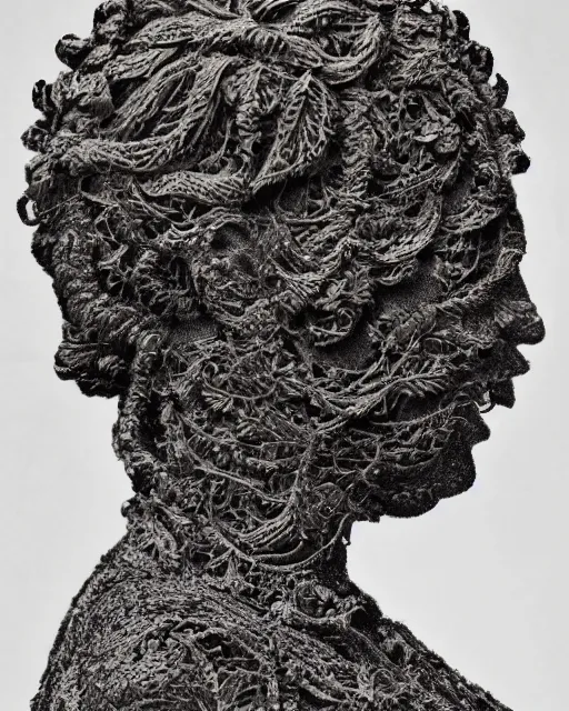 Image similar to a woman's face in profile, made of intricate decorative ivy, in the style of the dutch masters and gregory crewdson, dark and moody