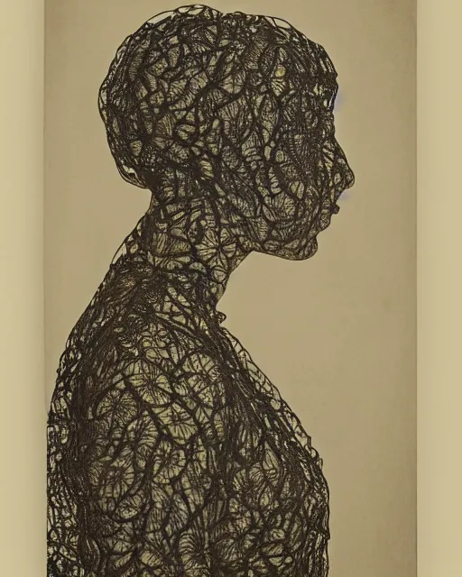 Image similar to a woman's face in profile, made of intricate delicate lace leaf, in the style of the dutch masters and gregory crewdson, dark and moody