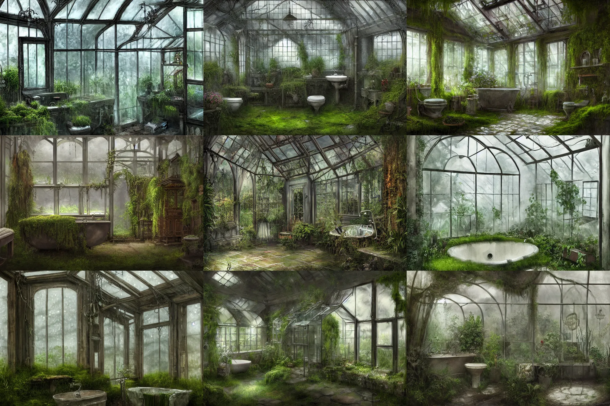 Prompt: traditional bathroom!!!! greenhouse!! misty, harsh reflections, dramatic lighting, murky glass, plants, moss, dark, overgrowth, highly detailed, intricate, digital art, digital painting, atmospheric, mysterious, ominous, fantasy, artstation