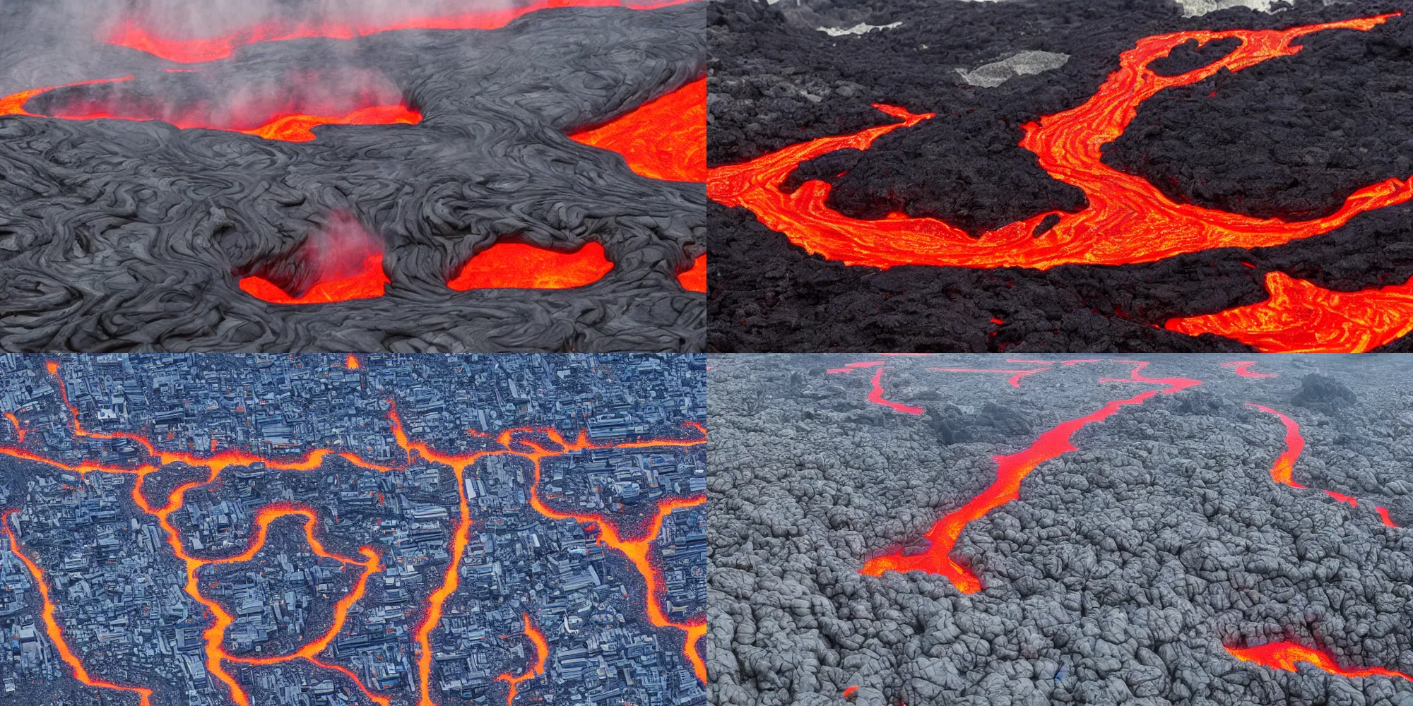 Prompt: lava river next to very pointy cyberpunk city