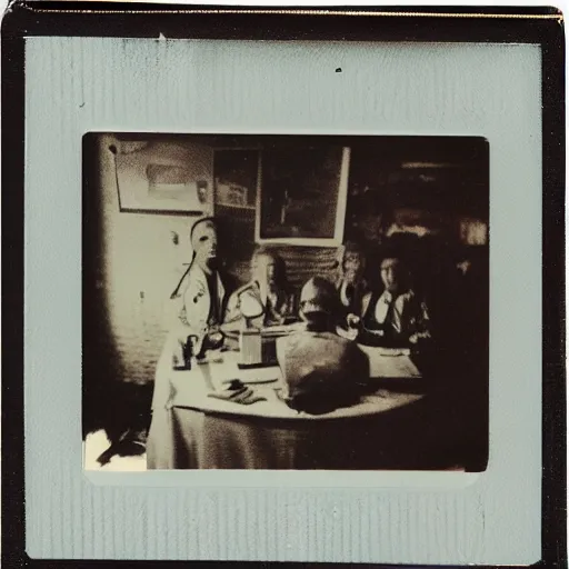 Image similar to polaroid of an alien on a table surrounded by doctors