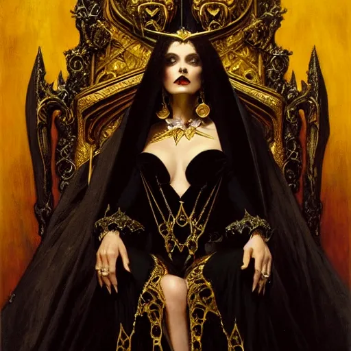 Image similar to perfectly centered portrait of attractive vampire queen in gold gothic robe sitting on a throne of black bones, painting by gaston bussiere, craig mullins, j. c. leyendecker, 8 k, mid shot