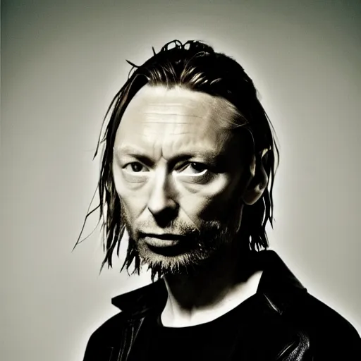 Image similar to Thom Yorke, Thom Yorke, Thom Yorke, with a beard and a black jacket, a portrait by John E. Berninger, dribble, neo-expressionism, uhd image, studio portrait, 1990s