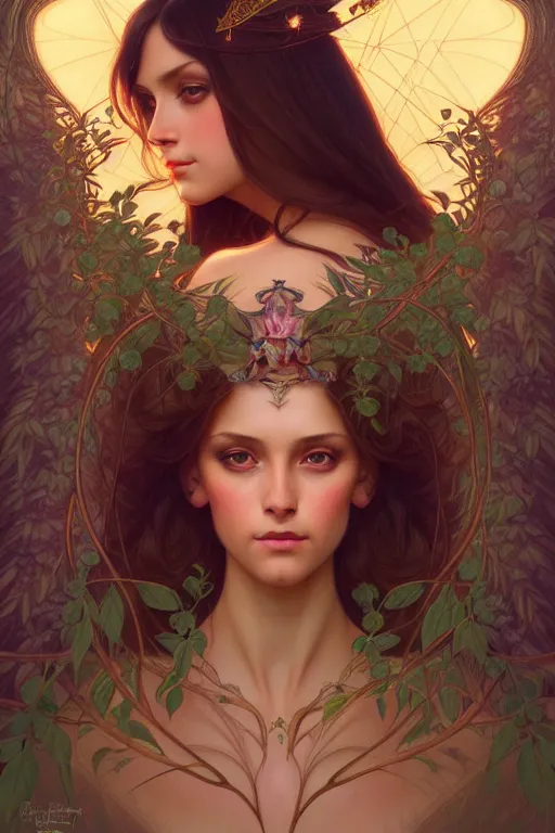 Image similar to symmetry portrait of brunette princess, glam, fae, fireflies, forest background, intricate, elegant, highly detailed, digital painting, artstation, concept art, smooth, sharp focus, illustration, art by artgerm and greg rutkowski and fra angelico and alphons mucha