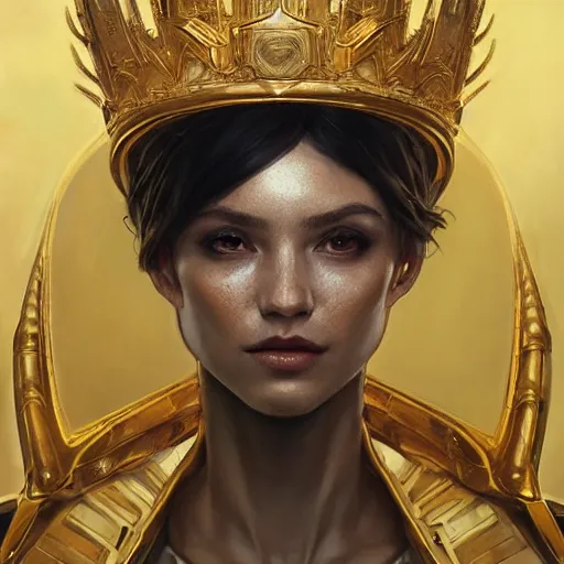 Prompt: portrait of an alien wearing a gold crown and a knight smooth and avanced armor, intricate, headshot, highly detailed, digital painting, artstation, concept art, sharp focus, cinematic lighting, digital painting, art by artgerm and greg rutkowski, alphonse mucha, cgsociety