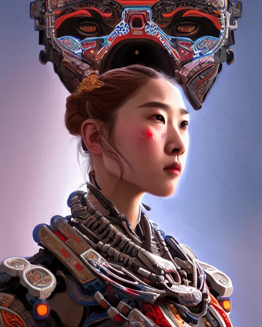 Image similar to portrait of a machine from horizon zero dawn, machine face, upper body, decorated with chinese opera motifs, asian, traditional chinese art, intricate, elegant, highly detailed, digital painting, artstation, concept art, smooth, sharp focus, illustration, art by artgerm and greg rutkowski and alphonse mucha, 8 k