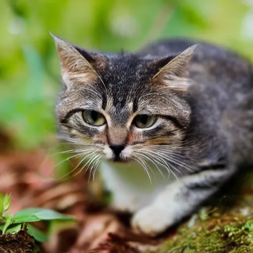 Image similar to a small domestic housecat with a broad mushroom growing atop its head