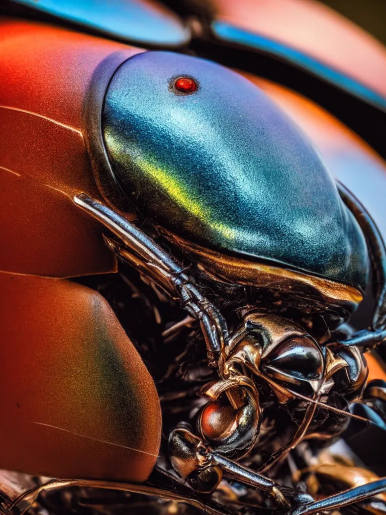 Prompt: complementary color scheme. close - up shot of a beautiful beetle. insect eyes. studio photography high quality highly detailed award winning photograph by national geographic. soft volumetric light, smooth gradient. motorcycle