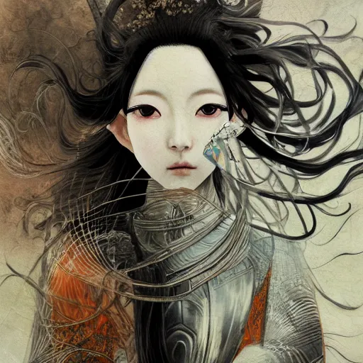 Image similar to yoshitaka amano blurred and dreamy realistic illustration of a japanese woman with black eyes, wavy white hair fluttering in the wind wearing elden ring armor with engraving, abstract patterns in the background, satoshi kon anime, noisy film grain effect, highly detailed, renaissance oil painting, weird portrait angle, blurred lost edges, three quarter view