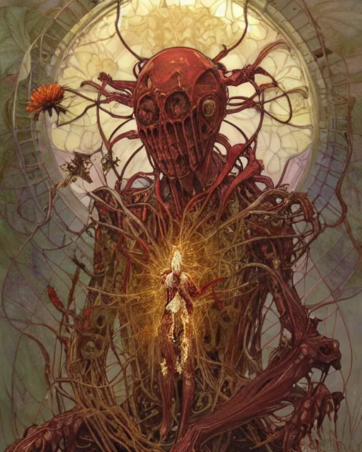 Image similar to the platonic ideal of flowers, rotting, insects and praying of cletus kasady carnage davinci dementor chtulu mandala ponyo dinotopia bioshock the witcher, d & d, fantasy, ego death, decay, dmt, psilocybin, concept art by randy vargas and greg rutkowski and ruan jia and alphonse mucha