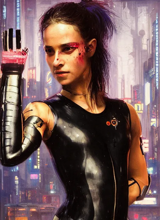 Image similar to cyberpunk olympic gymnast with robotic arms wearing a jumpsuit ( blade runner 2 0 4 9, cyberpunk 2 0 7 7 character design ). orientalist portrait by john william waterhouse and james gurney and theodore ralli and nasreddine dinet, oil on canvas. cinematic, hyper realism, realistic proportions, dramatic lighting, high detail 4 k