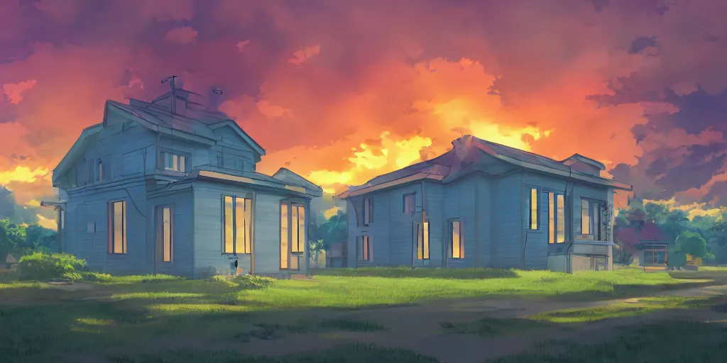 Prompt: a soviet suburban panel building house with sunset sky, ultra high quality, 4 k, by miyazaki and makoto shinkai, anime screenshot, colorful, artstation, pixiv,