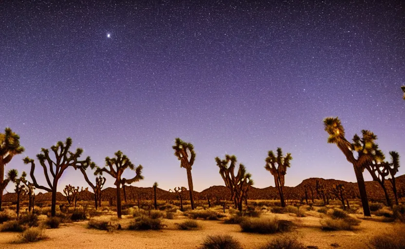 Prompt: night sky with joshua trees lit by moonlight