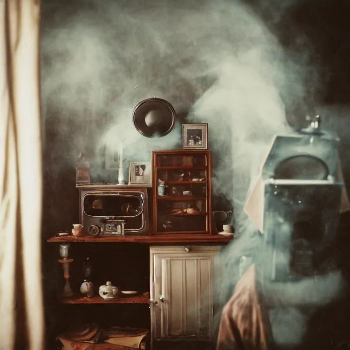 Prompt: kodak portra 4 0 0, wetplate, fisheye, award - winning portrait by britt marling, 1 9 2 0 s kitchen room, ghost, picture frames, shining lamps, dust, smoke, 1 9 2 0 s furniture, wallpaper, carpet, books, muted colours, wood, fog,