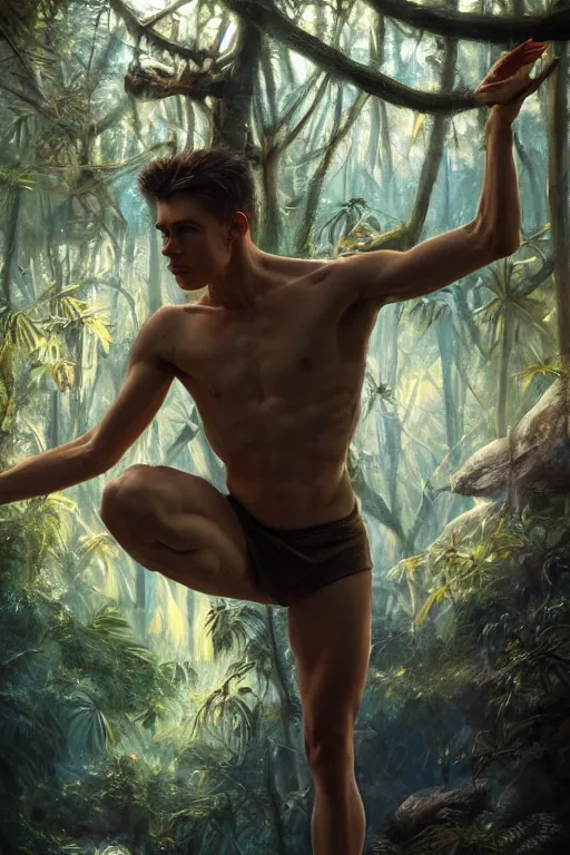 Image similar to stunningly beautiful, male ballet dancer in jungle, symmetrical face, golden hour, smooth, focus, highly detailed, hyper realistic, dramatic lighting, elegant, intricate, concept art, art by wlop, mars ravelo, greg rutowski, artstation
