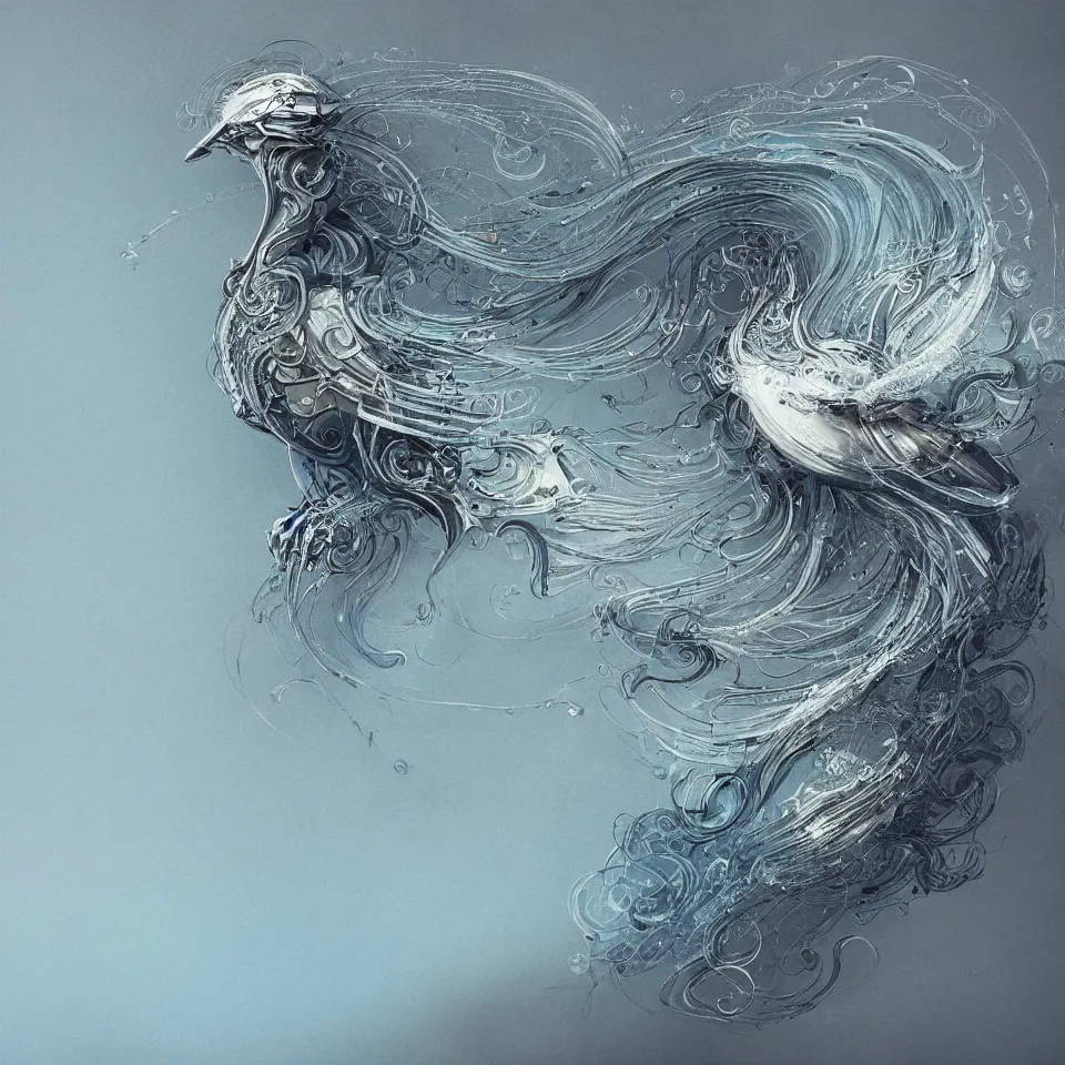 Image similar to beautiful artistic - wave highly detailed robotic bird, with head phones, digital painting, digital art, beautiful, cinematic, 4 k, ultra hd, art by ben templesmith, dynamic lighting, gradient light blue, blonde cream and white color scheme, grunge aesthetic